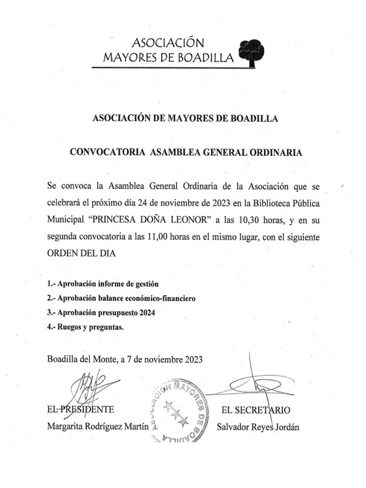 CONVOCATORIA ASAMBLEA GENERAL ORDINARIA 2023  (24 NOVIEMBRE)